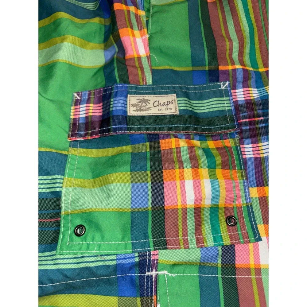 Chaps Mens Plaid‎ Swim Trunks LG Green Multicolor Pocket Drawstring Waist